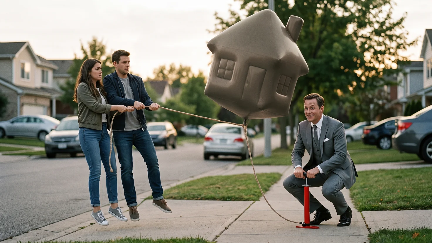Hausse des taux immobiliers : un homme en costume de banquier gonfle à la pompe à vélo une maison ballon qui décolle, pendant qu'un couple retient la corde avec une mensualité géante accrochée au bout