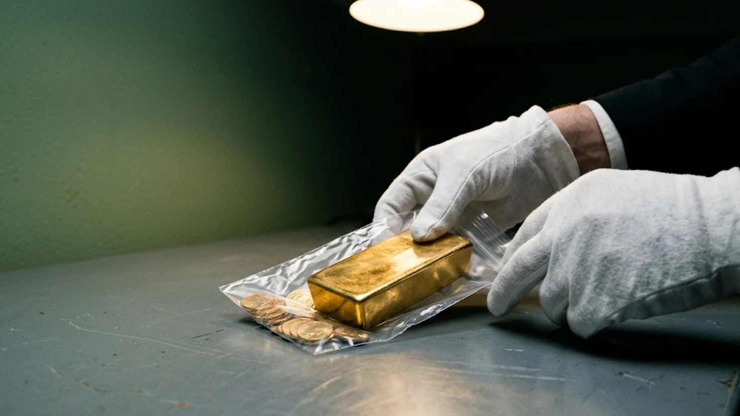 Mains gantées scellant un lingot d'or et des pièces dans un sachet sur un bureau administratif, actifs visés par l'impôt sur la fortune improductive