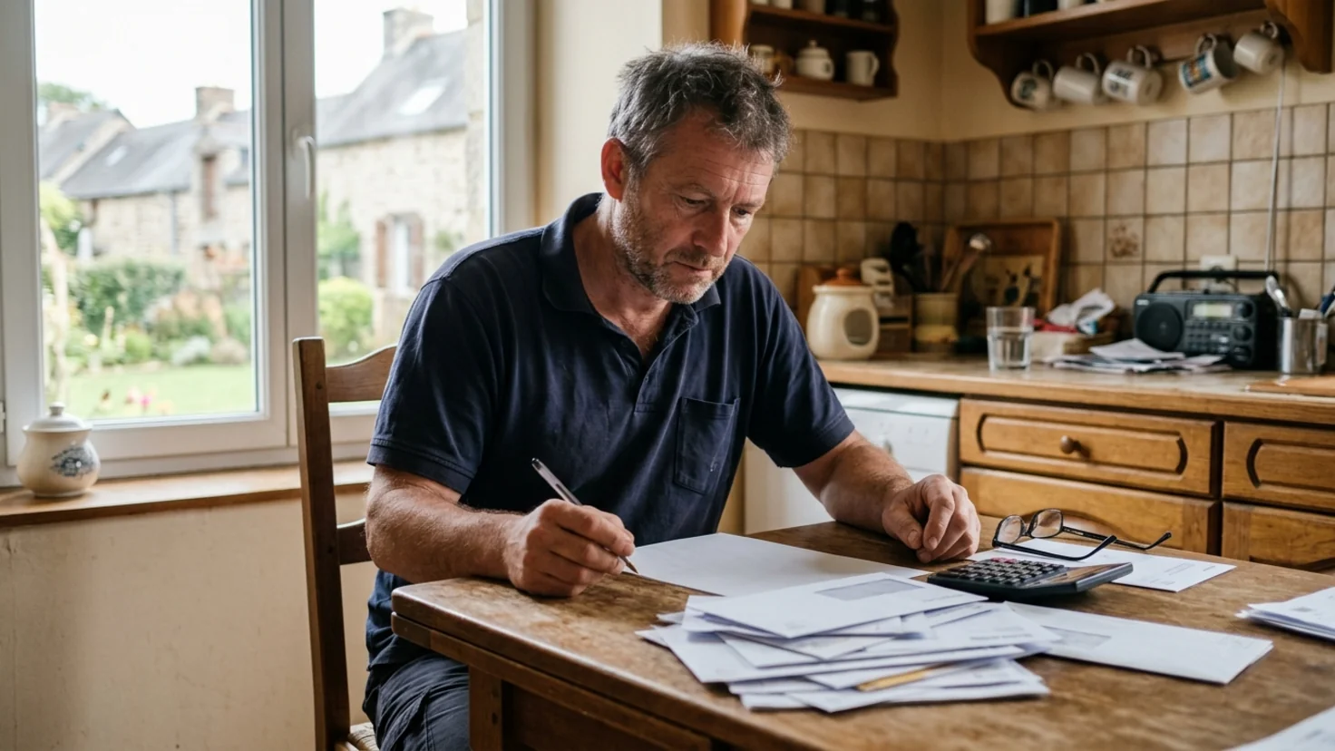 Un salarié licencié pour motif économique recalcule son indemnité à la table de sa cuisine, courriers administratifs et calculatrice devant lui