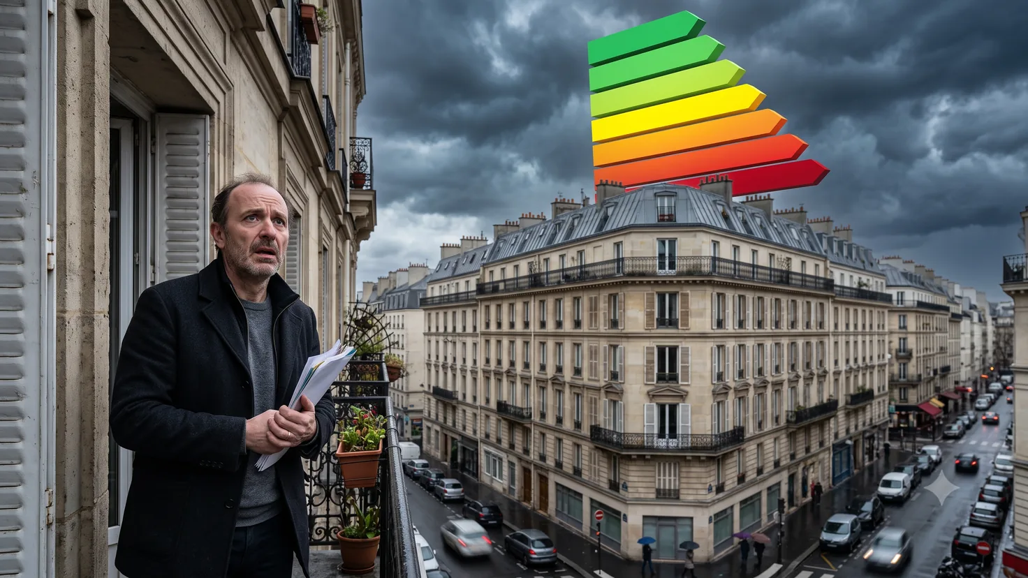 Interdiction de location d’un DPE E en 2034 : façade d’immeuble ancien et étiquette énergie du logement