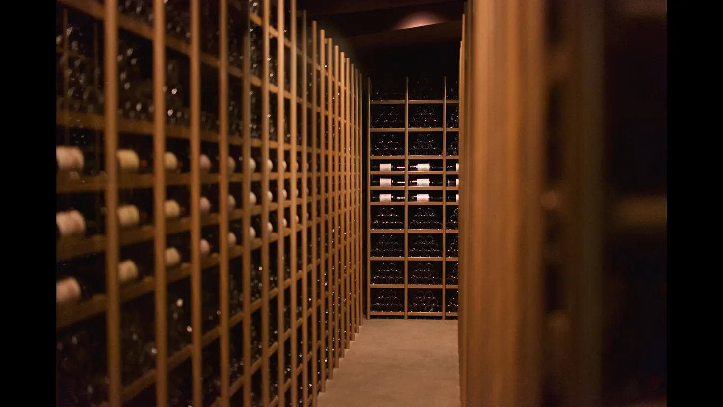 Cave de garde avec rangées de bouteilles de vins fins stockées en casiers en bois, illustration du placement viticole patrimoine