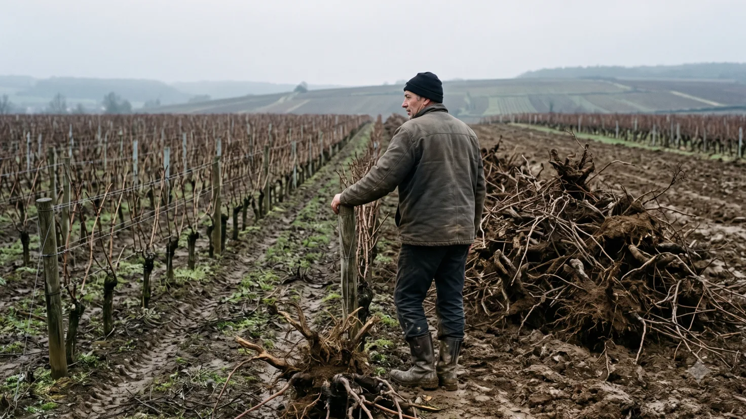 Investir dans un vignoble : rangs de vigne taillés en hiver, l'actif que les vendeurs de parts de GFV présentent comme une valeur refuge