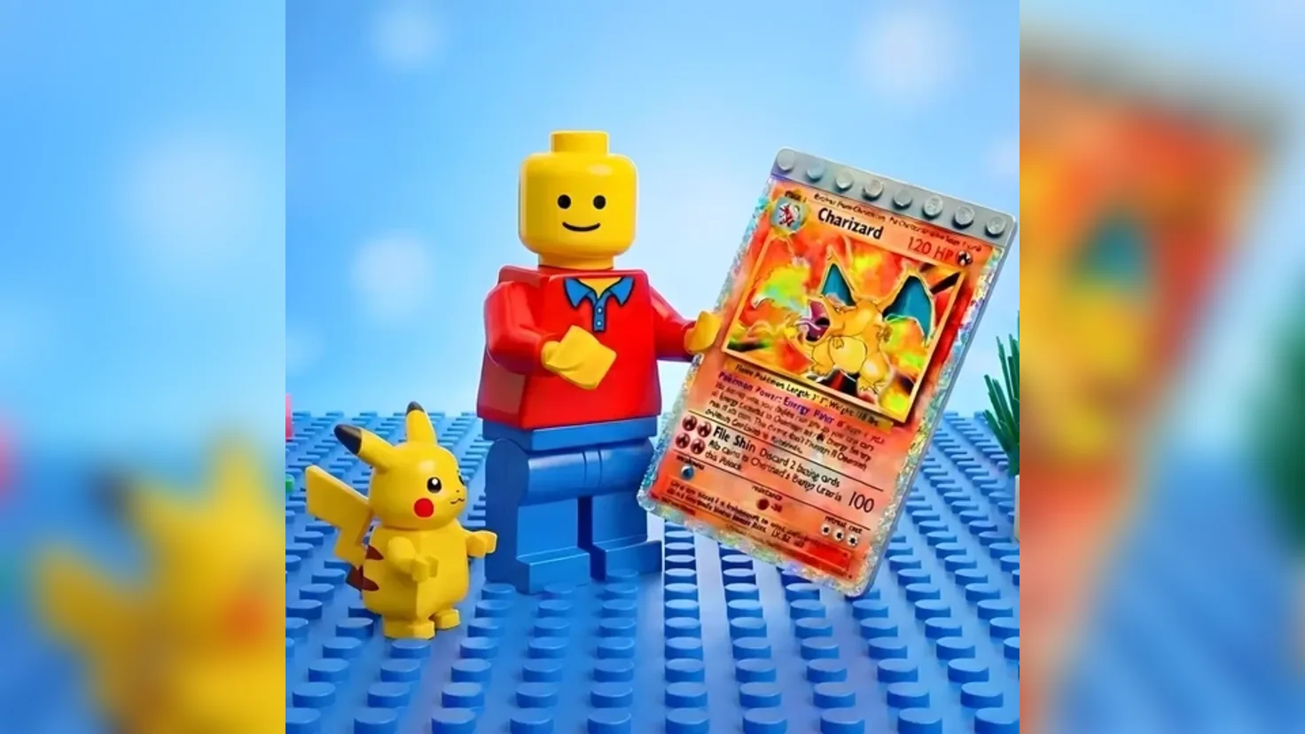 Figurine LEGO tenant une carte Pokémon Charizard rare à côté d'un Pikachu LEGO : investir dans les objets de collection