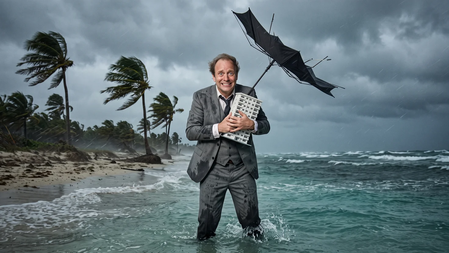 Investissement locatif à La Réunion : un investisseur en costume tient une maquette d'immeuble sous un parapluie retourné par le vent, pieds dans l'eau