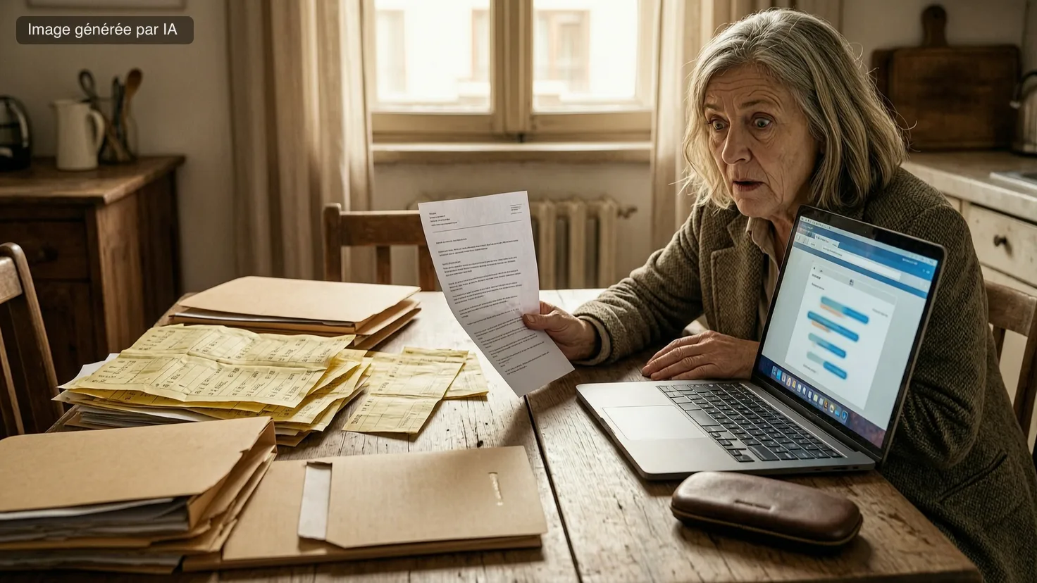 Une femme sénior compare une notification papier de sa caisse avec l'estimation affichée par le simulateur de retraite sur son ordinateur