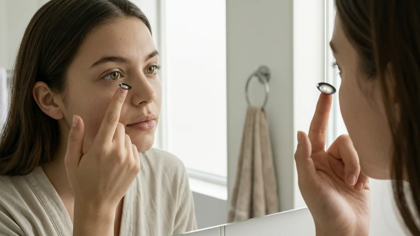 Une femme pose une lentille de contact sur son index devant le miroir de sa salle de bain