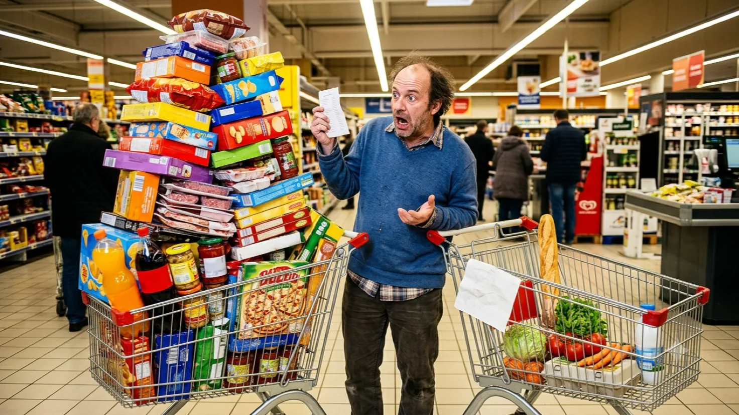 Un homme stupéfait tient sa liste de courses entre un caddie débordant d'une pyramide de produits transformés et un caddie ne contenant que des légumes frais et du pain