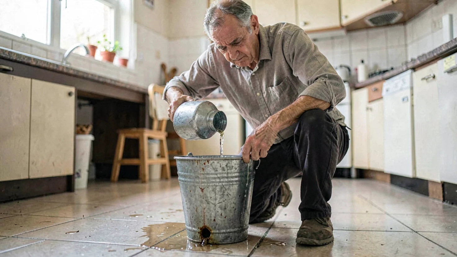 Livret A rentable ou non, un homme verse une carafe d'eau dans un seau métallique percé et l'eau s'échappe sur le carrelage de la cuisine