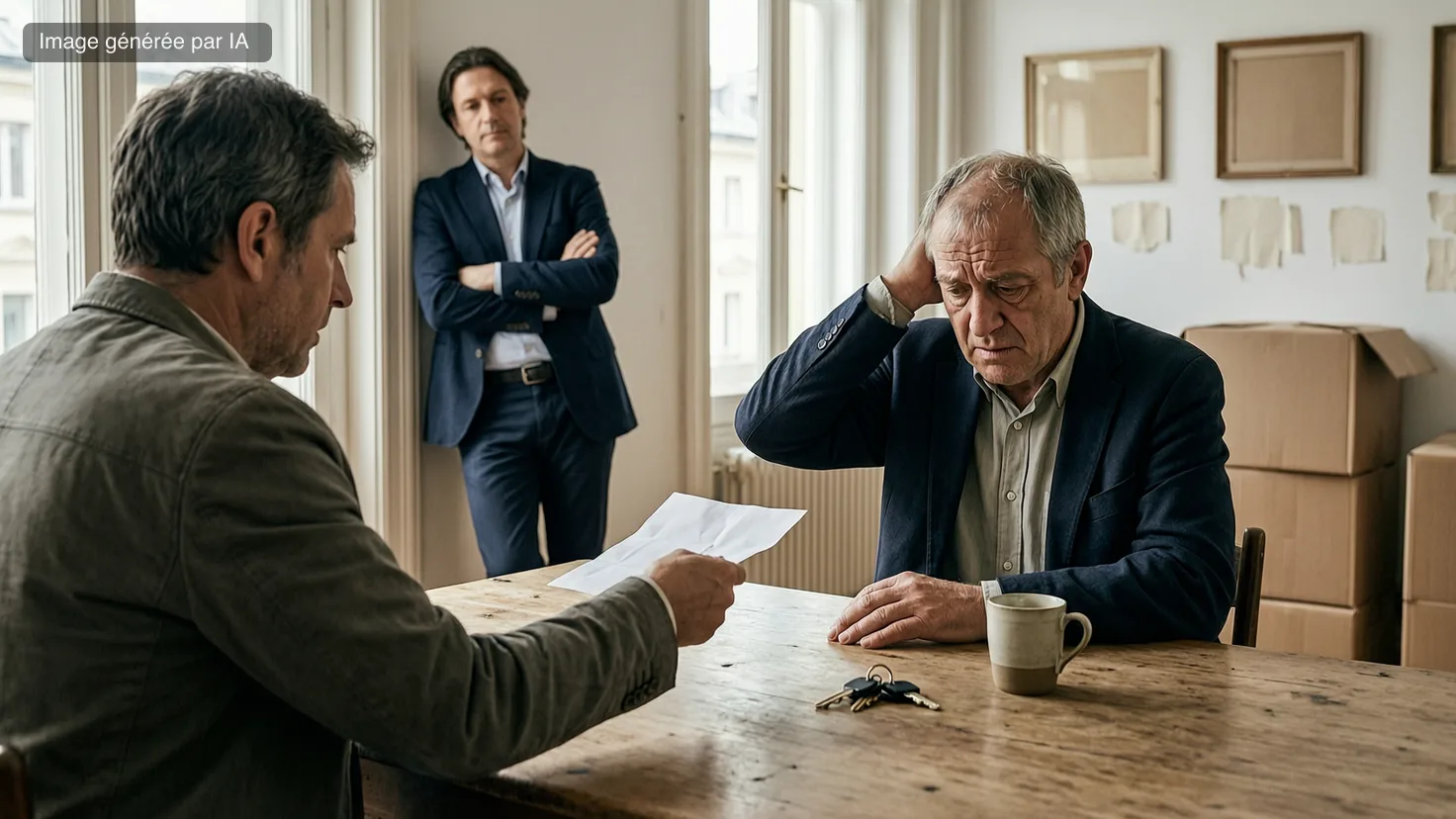 Un acheteur tend une offre écrite par-dessus une table de cuisine à un vendeur qui se tient la nuque, cartons de déménagement et agent immobilier en retrait