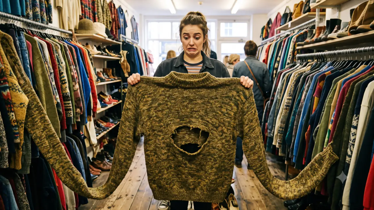 Deux femmes accroupies fouillent une malle en bois remplie de vêtements dans une boutique de fripes, chacune extrayant une pièce