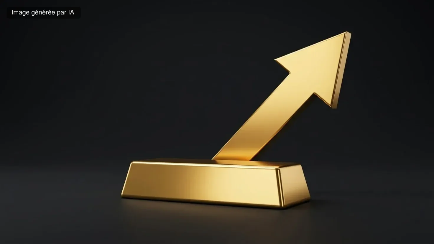Un lingot d'or posé sur fond sombre, surmonté d'une grande flèche dorée qui monte vers la droite