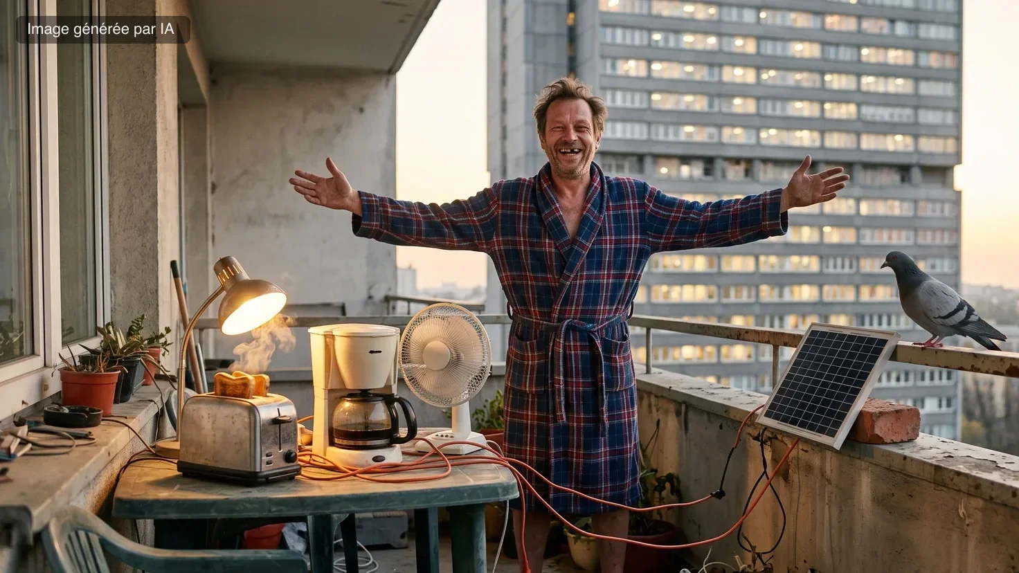 Moins dépendre de l'État : homme en peignoir, bras écartés et sourire triomphant sur son balcon, grille-pain, cafetière, lampe et ventilateur tous branchés sur un minuscule panneau solaire, face à une tour administrative illuminée