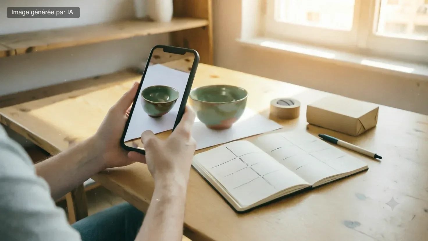 Monétiser sa passion : dans un atelier domestique, un objet fabriqué à la main est photographié pour être mis en vente