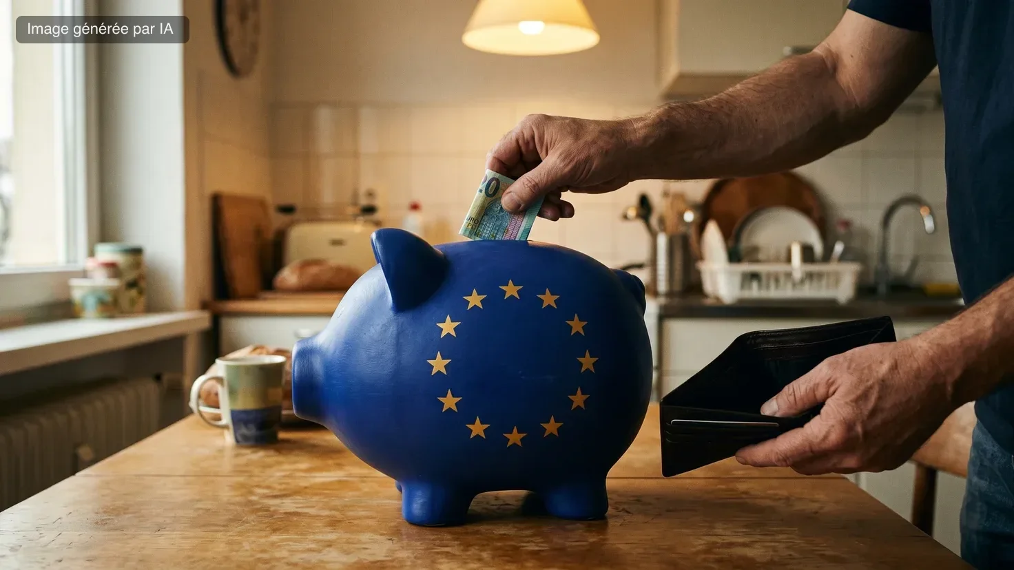 Tirelire bleue ornée du cercle de douze étoiles européennes sur une table de cuisine, une main y glisse un billet, l'autre tient un portefeuille vide