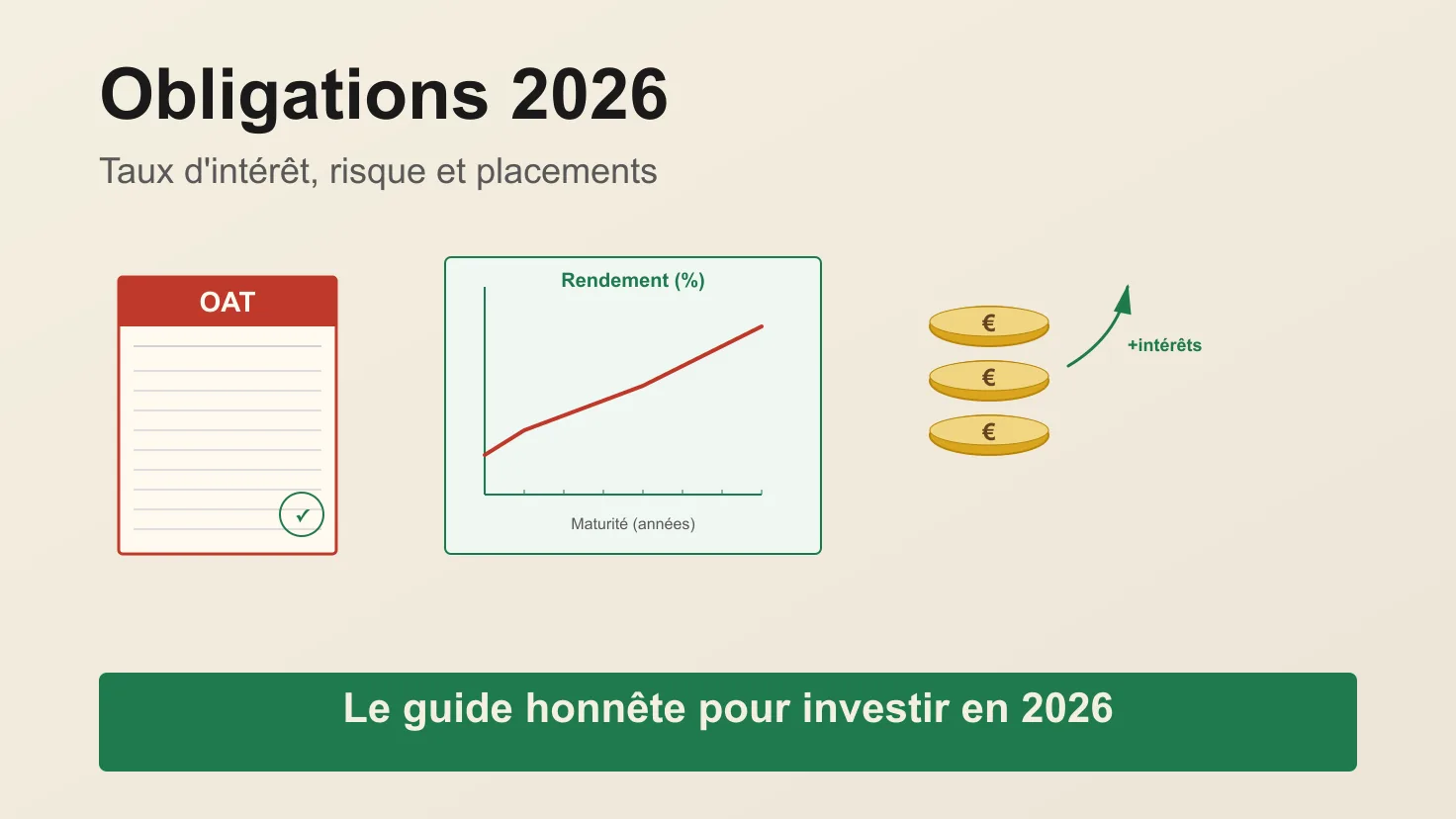 Schéma d'une obligation : document de dette, courbe de taux et pièces figurant les coupons versés