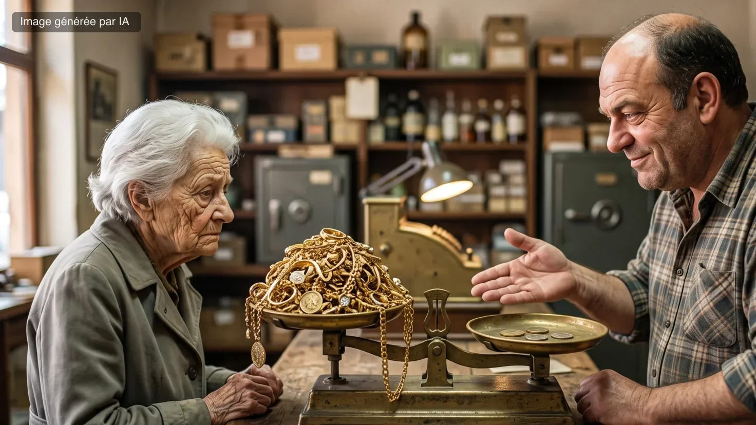 Sur une balance de comptoir, un tas de bijoux en or fait pencher un plateau pendant que le racheteur désigne l'autre plateau où reposent quatre piécettes, sous le regard défait d'une cliente âgée, l'écart que découvre celui qui cherche où vendre son or au meilleur prix