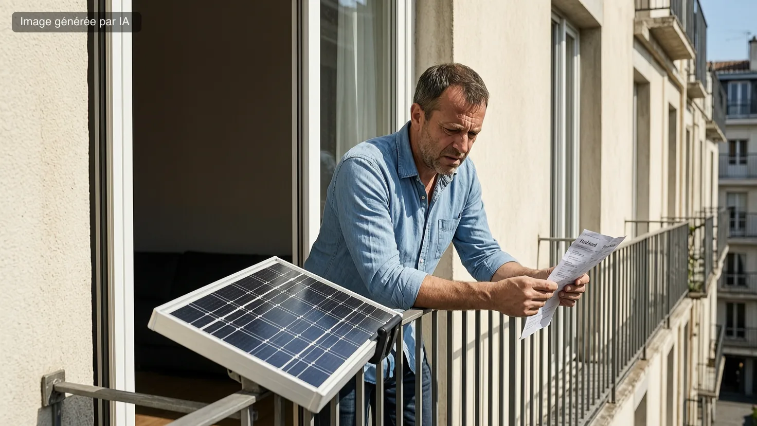 Un homme sur son balcon lit sa facture d'électricité, l'air déçu, à côté d'un panneau solaire fixé au garde-corps en plein soleil, salon éteint derrière lui
