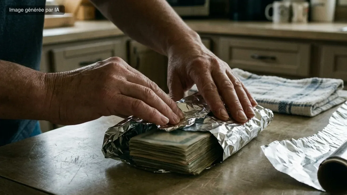 Des billets en euros serrés dans une feuille de papier aluminium froissée, posés au fond d'un tiroir de cuisine ouvert, à côté du rouleau d'aluminium entamé