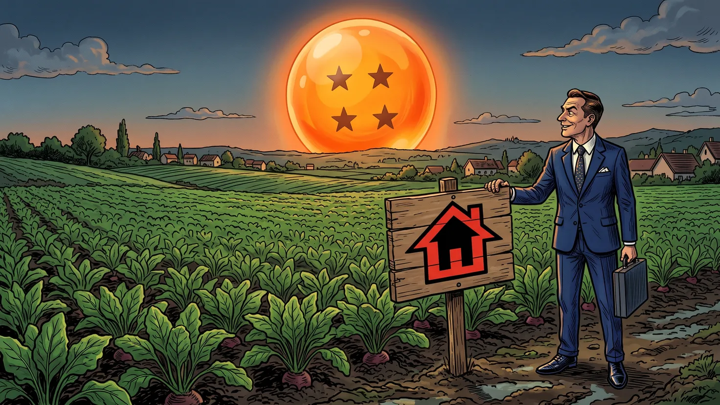 Projet de parc Dragon Ball : un promoteur en costume plante un panneau à vendre au milieu d'un champ de betteraves, devant une immense boule de cristal orange posée sur l'horizon