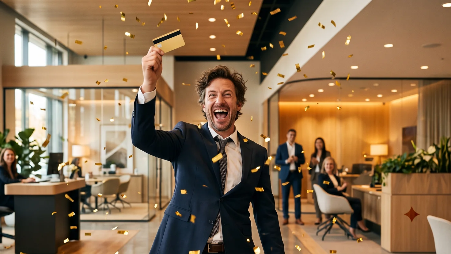 Un homme en costume brandit sa carte bancaire au-dessus de sa tête sous une pluie de confettis dorés, dans le hall d'une agence bancaire moderne