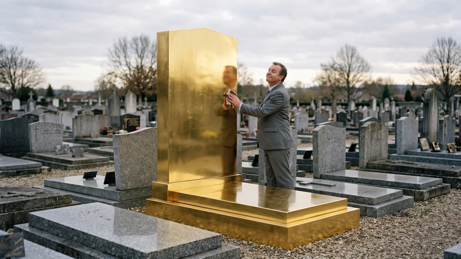 Homme en costume gris lustrant une tombe en or dans un cimetière, le plus riche du cimetière