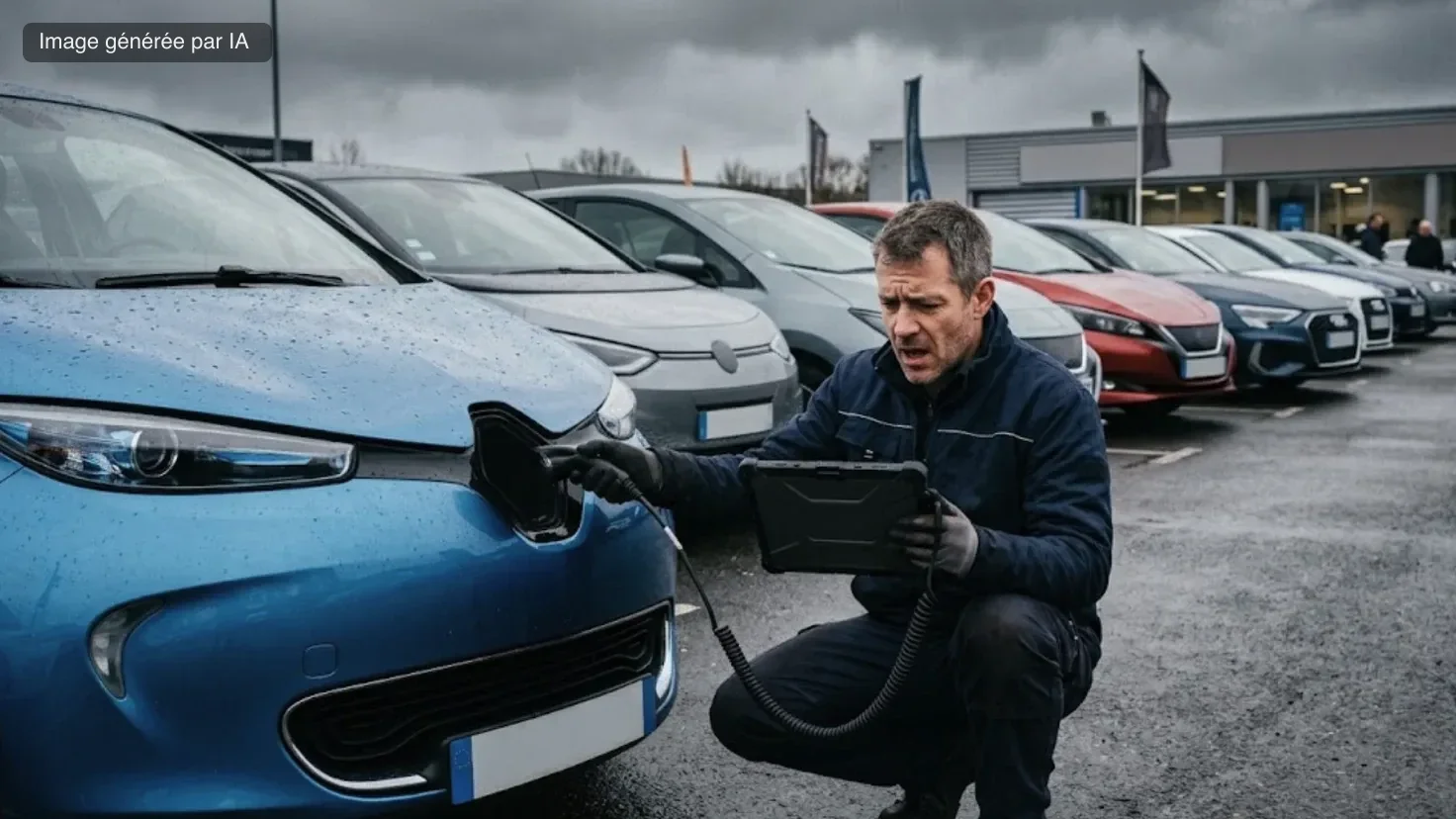 Homme accroupi devant la trappe de charge ouverte d'une voiture électrique d'occasion, tablette de diagnostic à la main, l'air contrarié