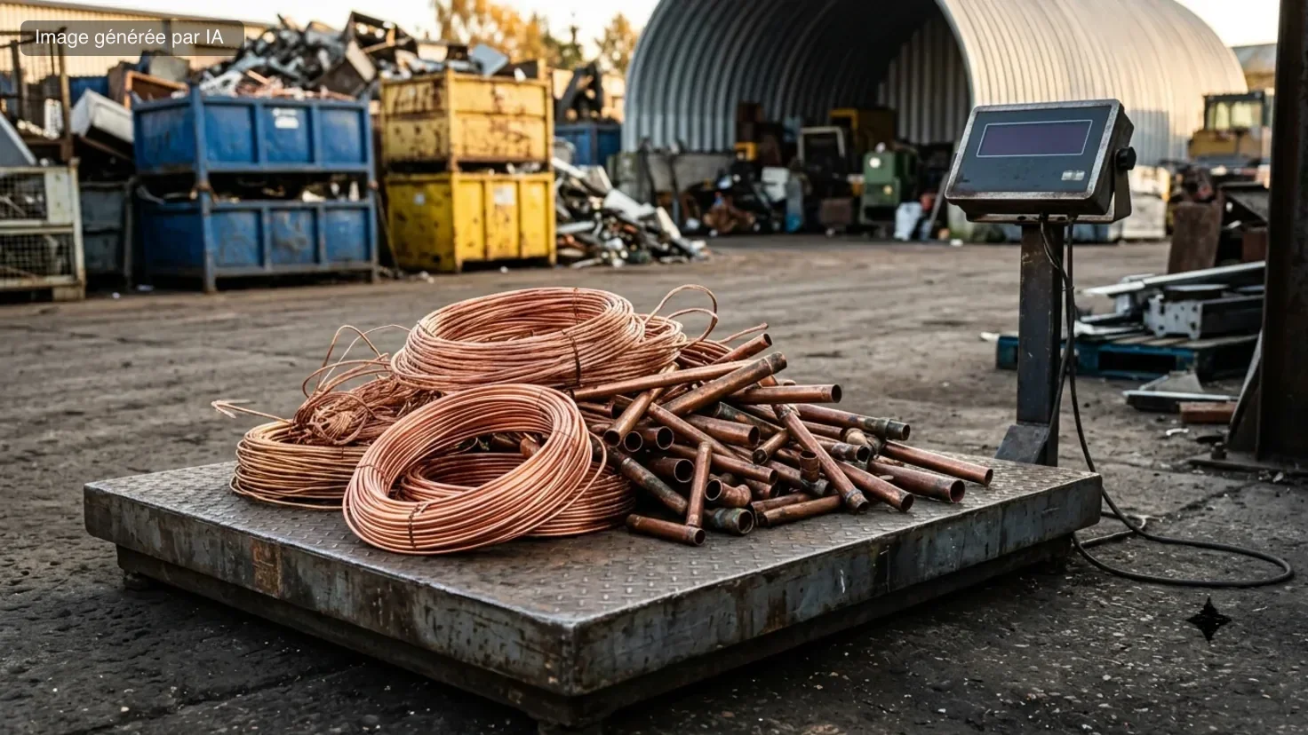 Bobines de fil de cuivre dénudé et chutes de tuyaux posées sur la bascule d’une cour de récupération