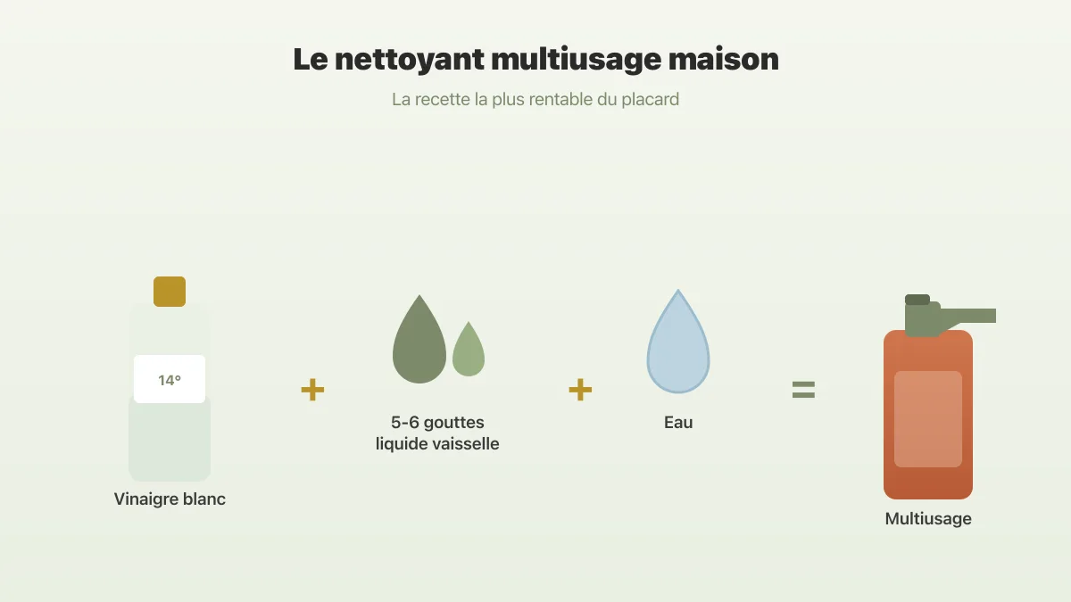 Recette de nettoyant multiusage : produits ménagers maison au vinaigre blanc, liquide vaisselle et eau dans un vaporisateur