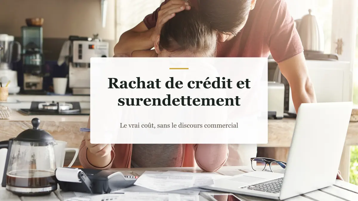 Couple stressé devant des factures, papiers et calculatrice sur la table de cuisine, illustration du rachat de crédit et surendettement