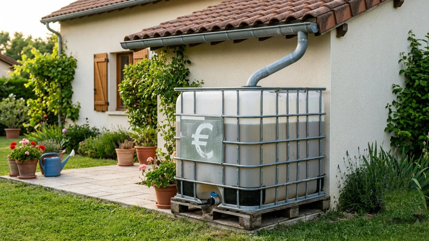 Cuve de récupération d'eau de pluie de 1000 litres alimentée par la gouttière d'une maison, marquée d'un symbole euro