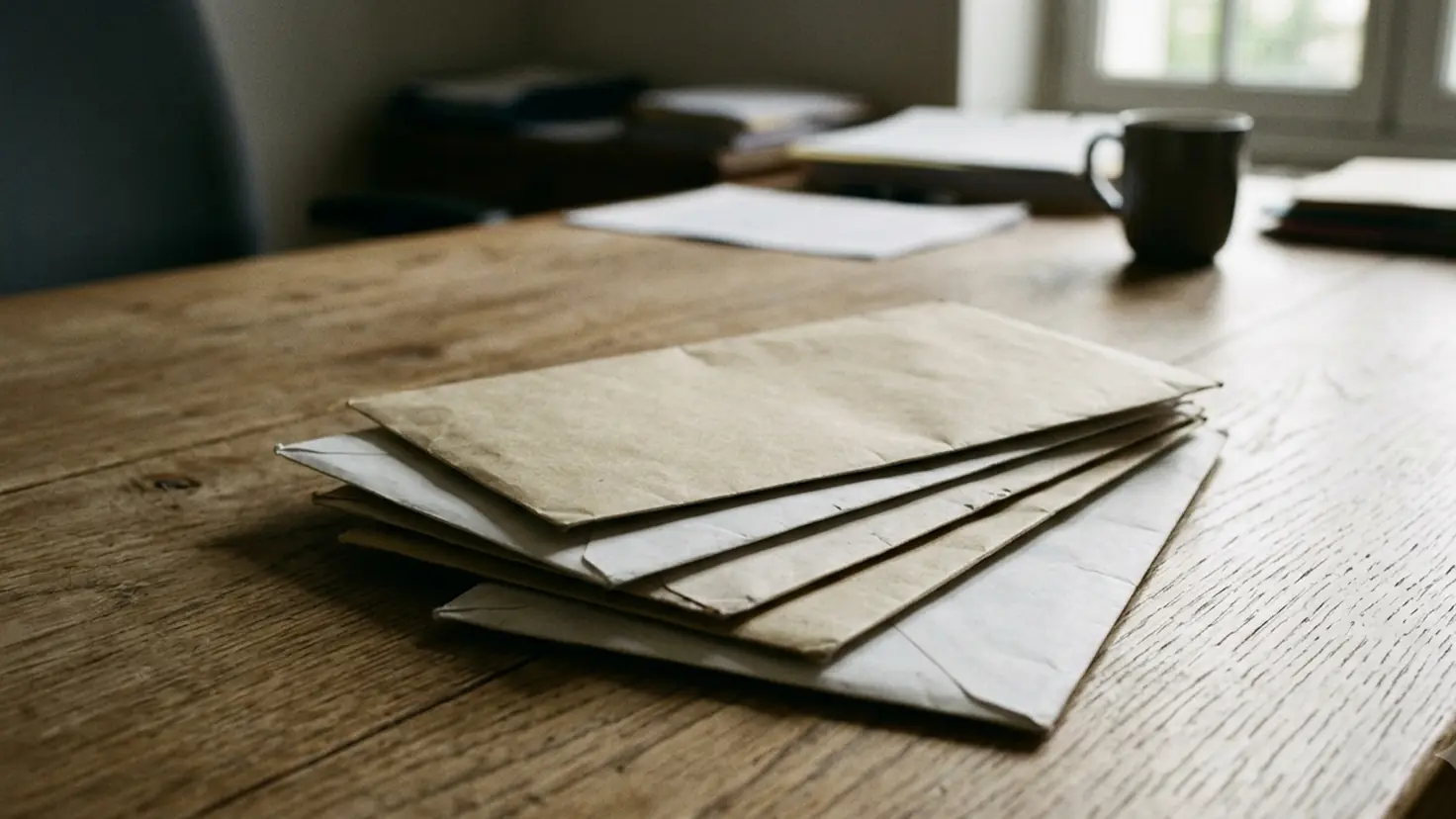 Pile de courriers administratifs non ouverts posés sur une table, illustrant la décision d'un héritier face à une succession