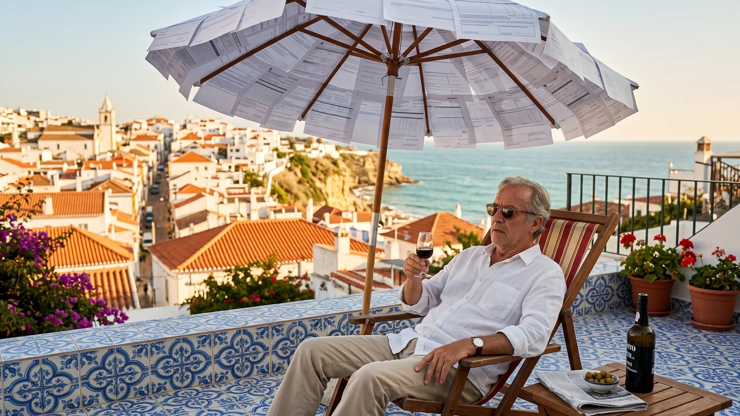 Retraite au Portugal : un retraité français en transat sur une terrasse d’azulejos, sous un parasol fabriqué avec des feuilles de formulaires fiscaux