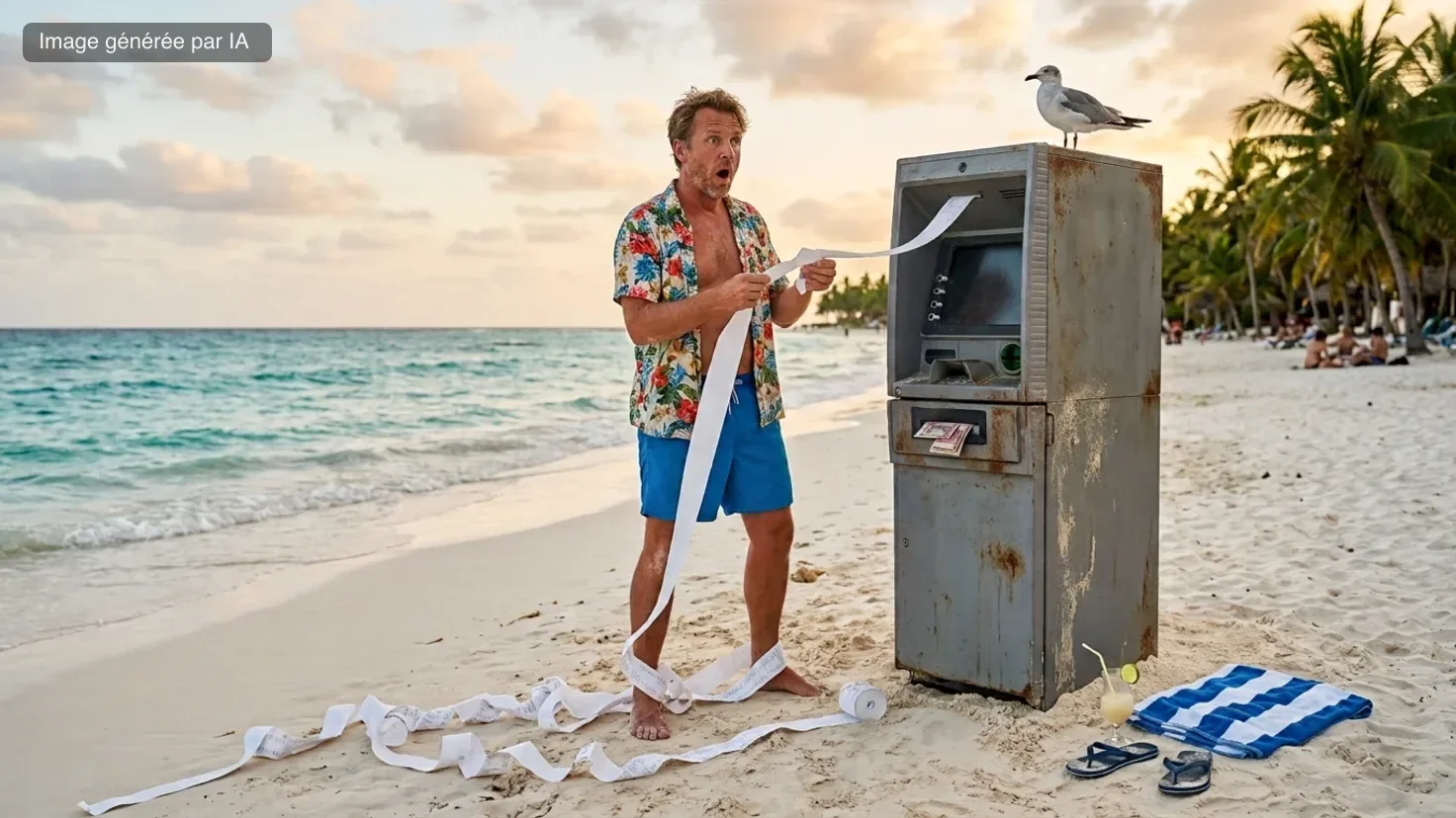 Un touriste en chemise à fleurs, stupéfait, déroule un ticket de retrait interminable sorti d'un distributeur de billets planté dans le sable d'une plage tropicale