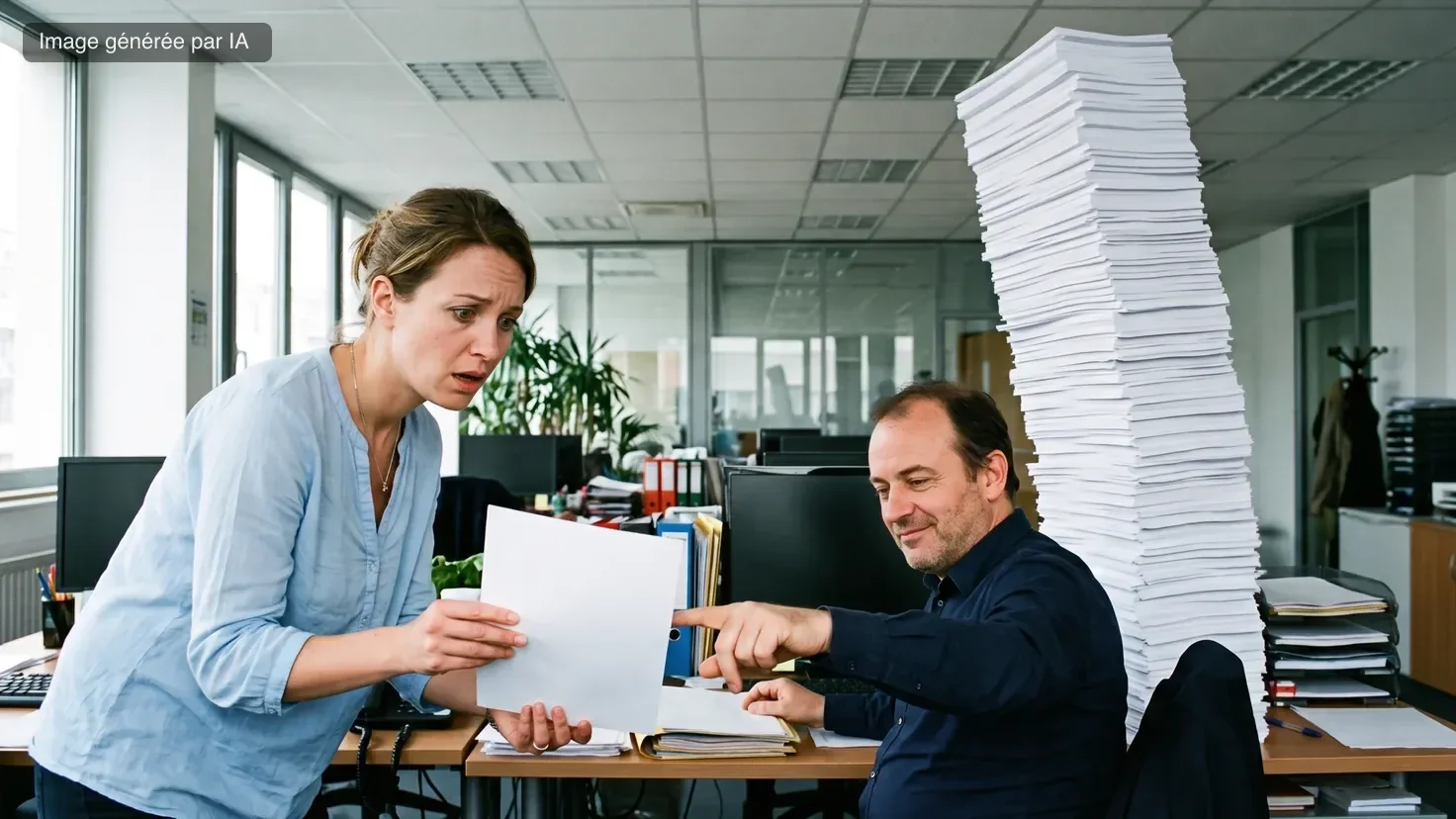 Une salariée tend une feuille de demande au-dessus d'un bureau, son responsable la repousse d'un doigt sans lever les yeux, une tour de dossiers identiques penche derrière lui
