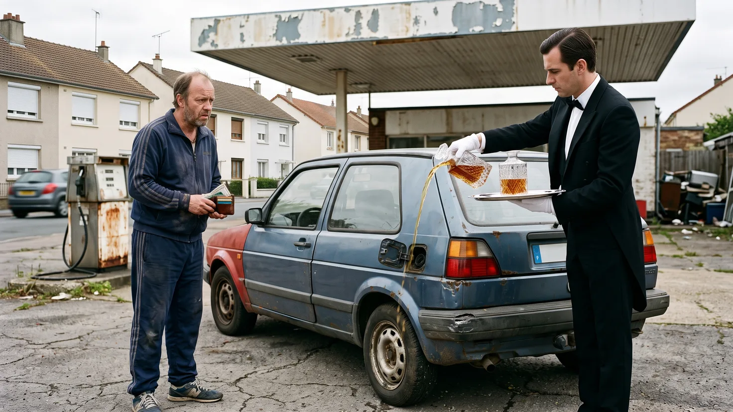 Un majordome en habit verse du carburant depuis une carafe en cristal dans une vieille voiture cabossée, sous le regard inquiet de son propriétaire qui tient son portefeuille ouvert