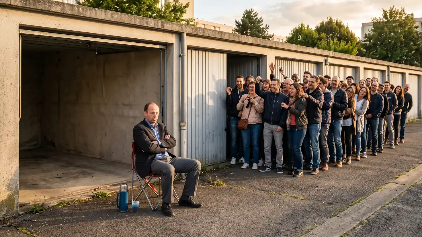 Un investisseur dépité, assis seul devant son garage ouvert et vide, pendant qu’une longue file de candidats enthousiastes attend devant le garage voisin