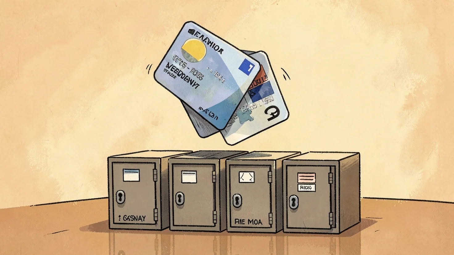 Une carte bancaire au-dessus de casiers-budgets, illustration générée par IA