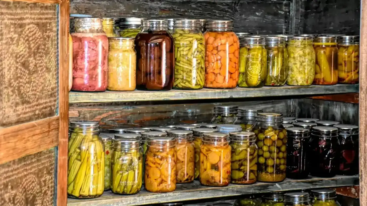 Étagère en bois de garde-manger garnie de bocaux en verre remplis de légumineuses, pâtes et céréales, illustration d'un stock alimentaire de résilience pour 30 jours en 2026