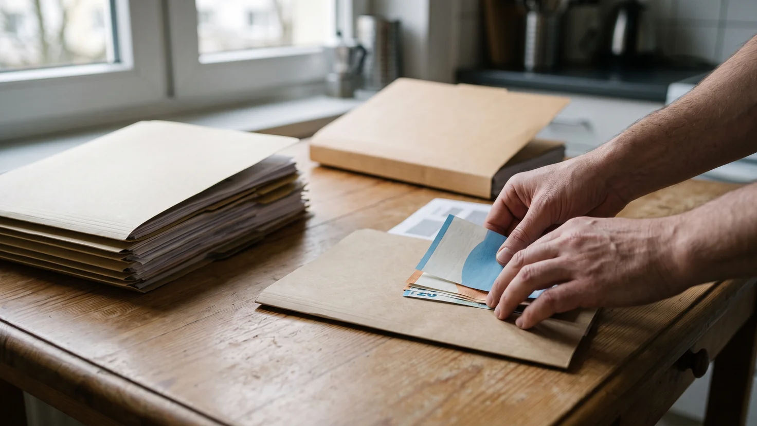 Mains posant des billets sur un petit dossier, gros dossiers de crédit mis de côté, suspendre un crédit