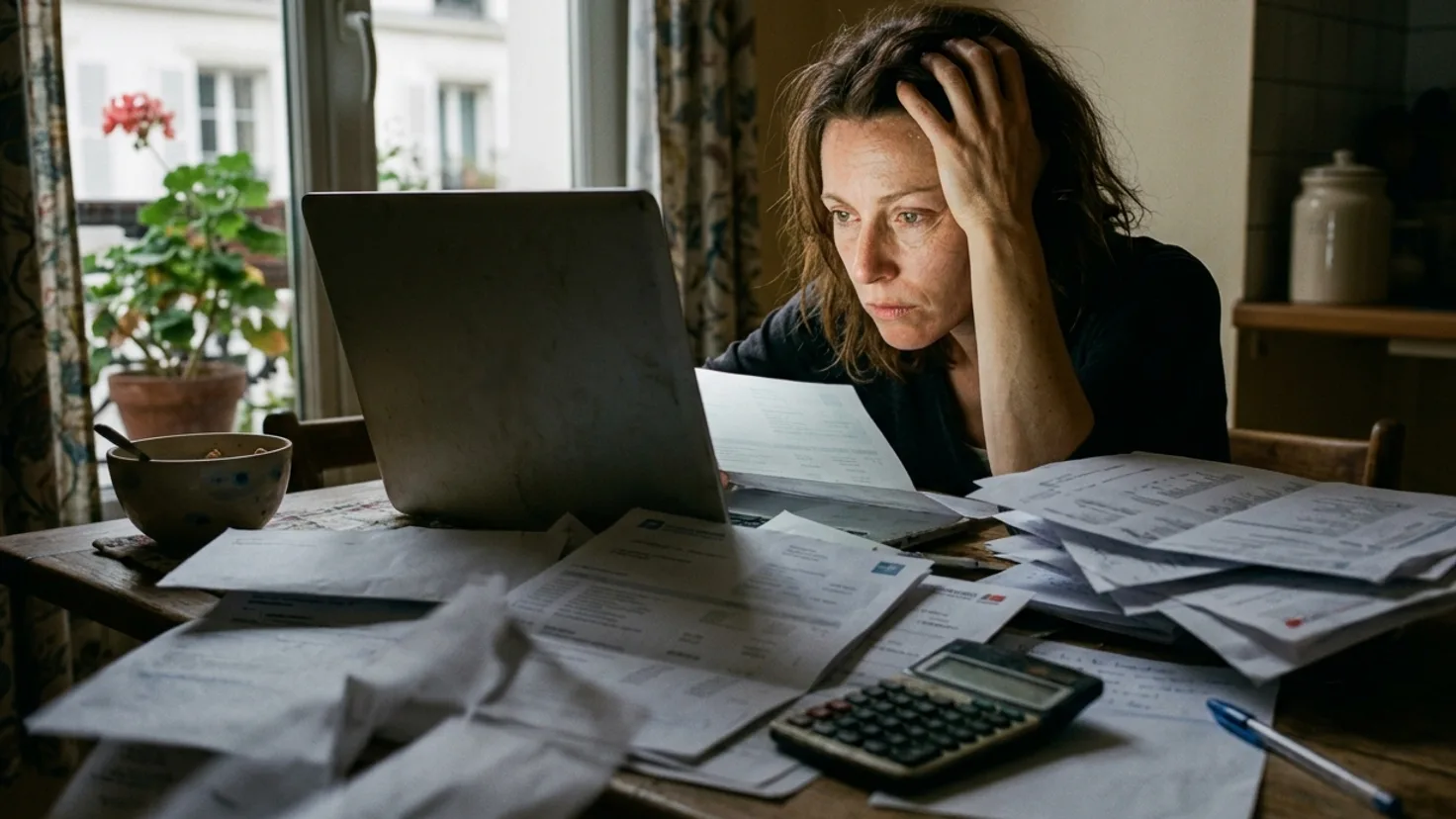 Femme submergée par ses factures devant un tableur de budget familial sur son ordinateur portable