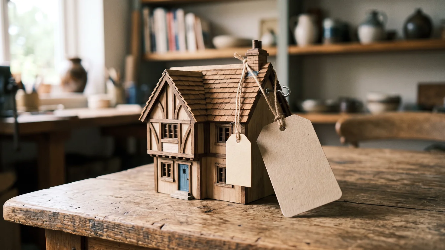 Maison miniature avec deux étiquettes de prix vides, l'une plus grande, TAEA assurance de prêt