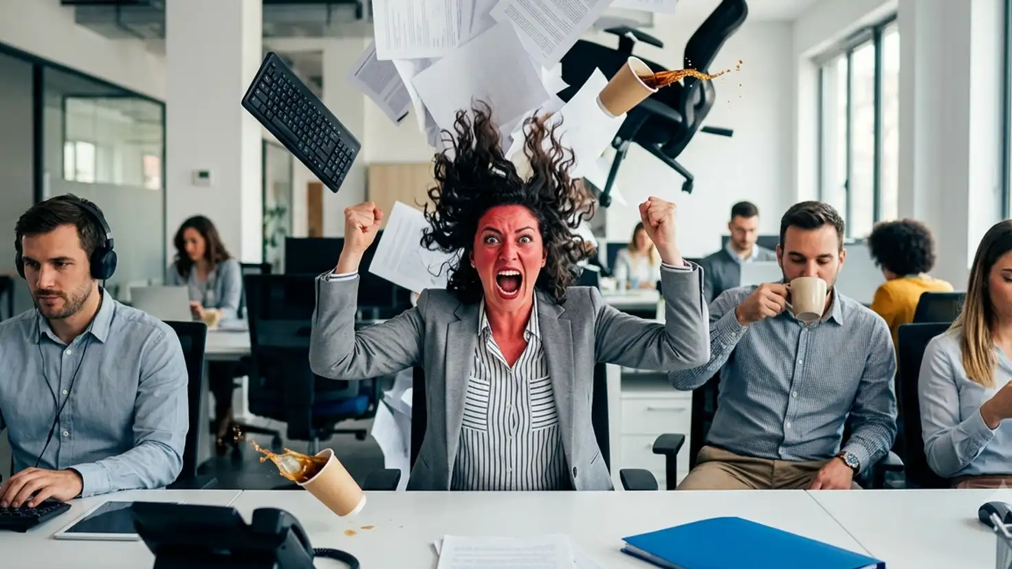 Scène caricaturale dans un open space : une salariée hurle debout à son bureau, poings levés, pendant que ses papiers, son clavier et son café volent en l'air et que ses collègues continuent de travailler sans lui accorder un regard