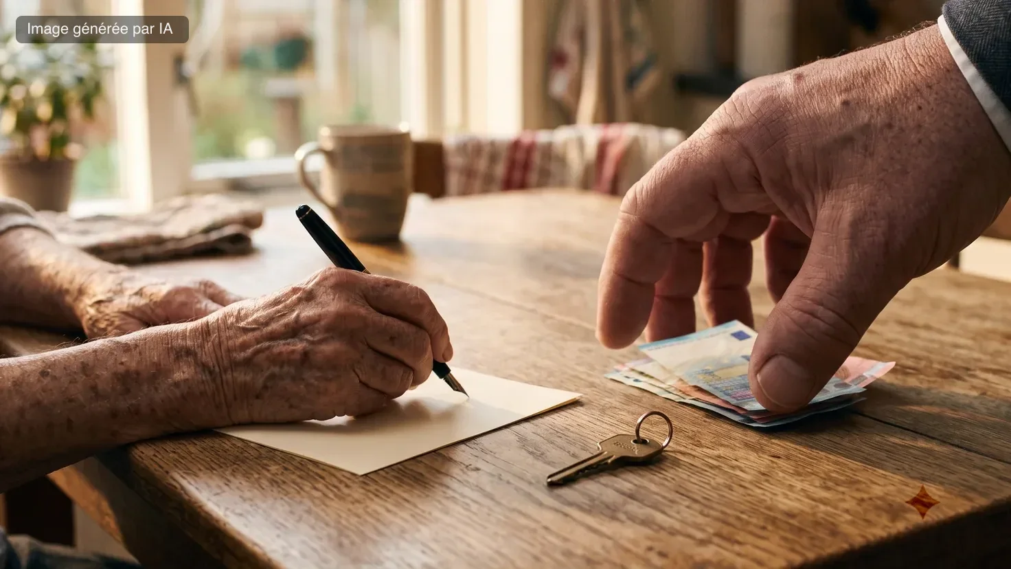 Main écrivant un testament à la plume sur une feuille posée sur une table en bois, à côté d'un trousseau de clés
