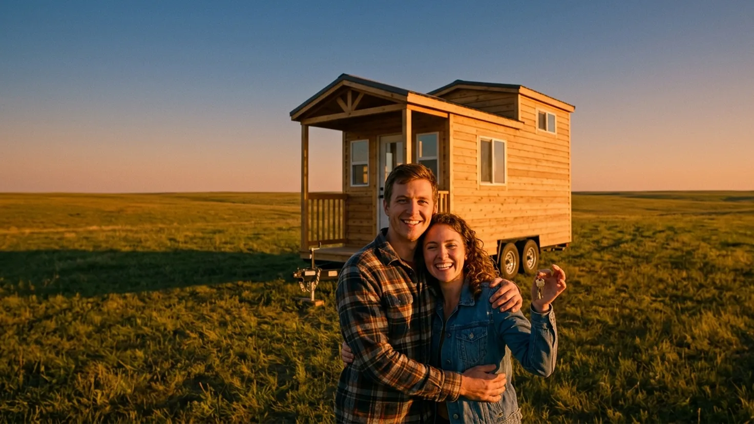 Couple souriant, clés à la main, devant sa tiny house sur remorque posée seule au milieu d'une vaste prairie vide