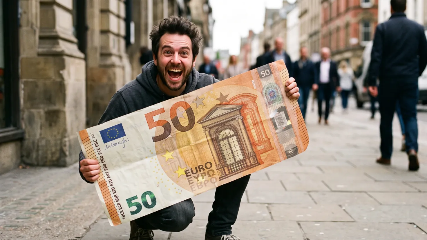 Un homme accroupi sur un trottoir brandit un billet de 50 euros de la taille d’un drap de plage, hilare