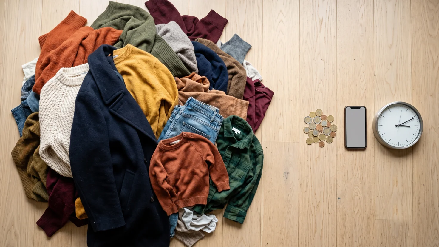 Grande pile de vêtements d'occasion au sol face à une petite poignée de pièces, un smartphone et une horloge