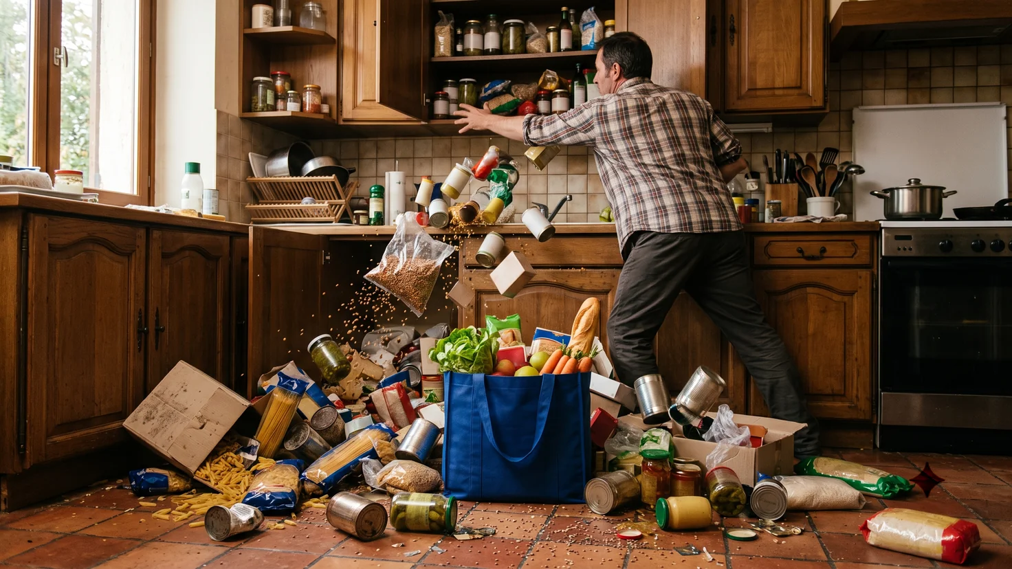 Vider ses placards avant de faire les courses : avalanche de conserves et de pâtes tombant d un placard sur un sac de courses neuves