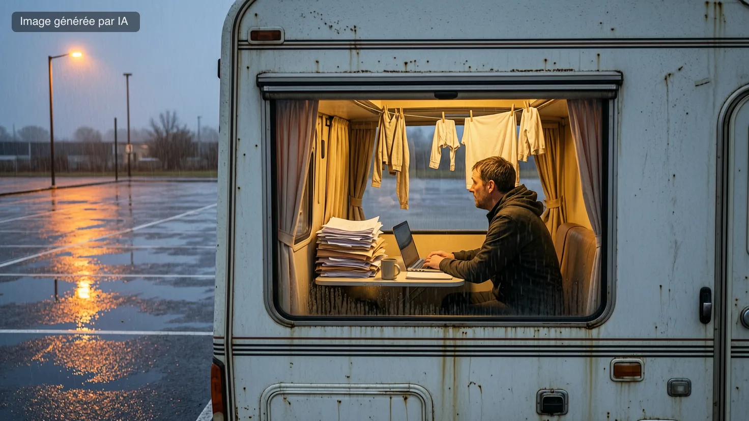 Camping-car garé seul sur un parking mouillé sous la pluie, intérieur éclairé où un homme travaille au portable devant une pile de papiers, du linge suspendu au-dessus de la table