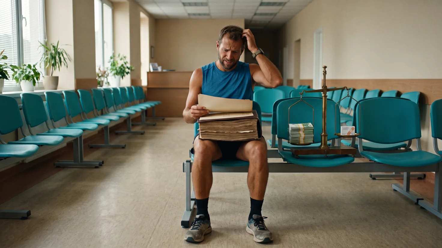 Un coureur seul dans une salle d'attente vide, un contrat de mutuelle épais comme un annuaire sur les genoux, à côté d'une balance qui pèse une liasse de billets contre une boîte de pansements