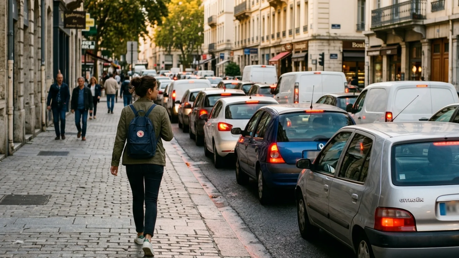 Piéton avec un sac à dos marchant librement sur le trottoir le long d'un bouchon de voitures à l'arrêt dans une rue de ville française.
